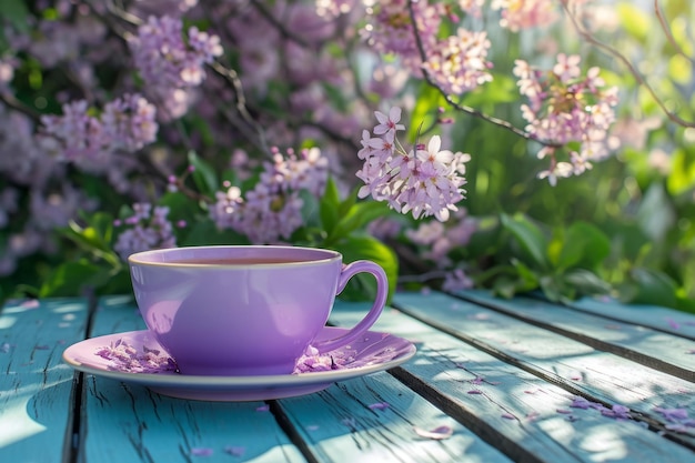 Lavender cup of tea with cherry blossom flowers in the background Generative AI