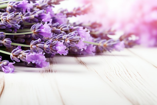 Photo lavender elegance on white wooden table background backdrop with copy space created with generative