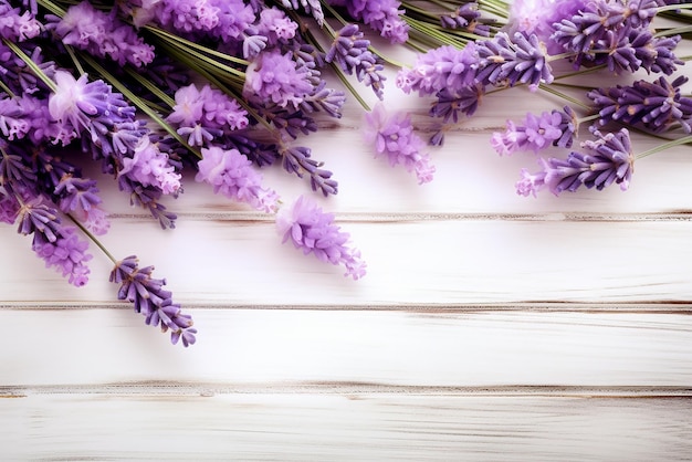 Photo lavender elegance on white wooden table background backdrop with copy space created with generative