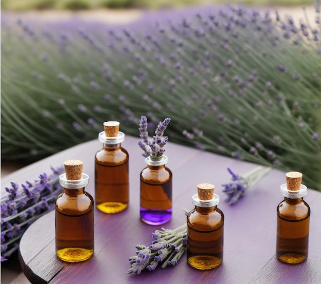 lavender essential oil in a bottle on a wooden background