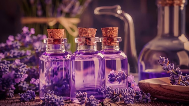 lavender essential oil in bottles Selective focus