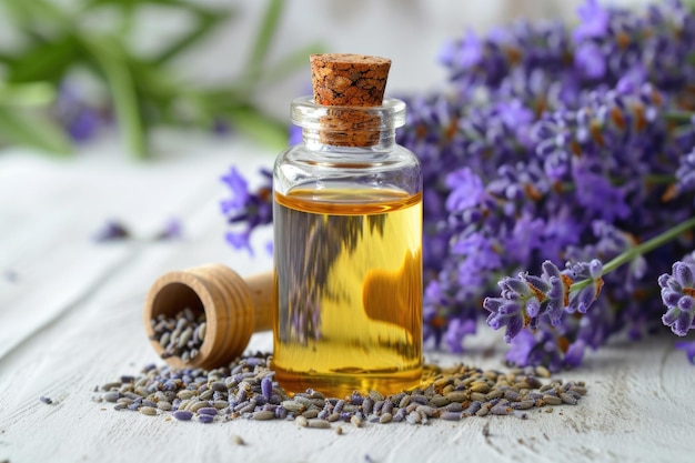 Lavender essential oil and flowers on rustic table