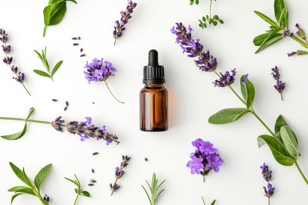 Lavender essential oil and flowers on white background