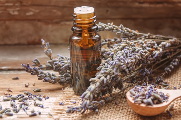 lavender essential oil in a small bottle.selective focus.nature