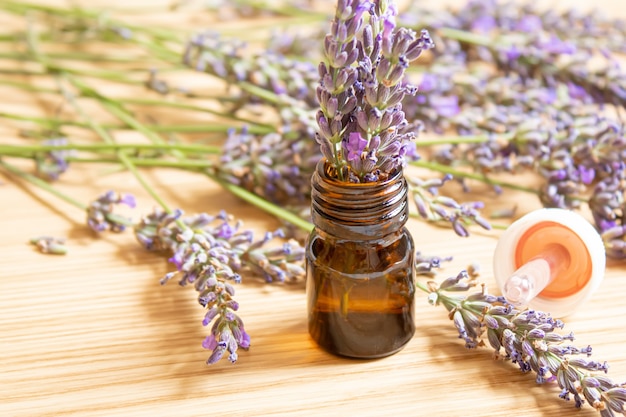 Lavender essential oil in a small bottle. Selective focus. nature.