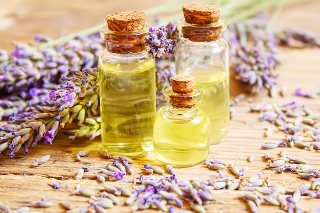 Lavender essential oil in a small bottle. Selective focus. nature.