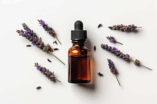 Lavender Essential Oil In Small Brown Bottle Next To Lavender Sprigs On White Background Top View Generative AI