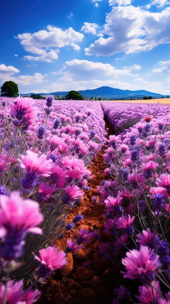 Lavender field against blue sky generated by AI