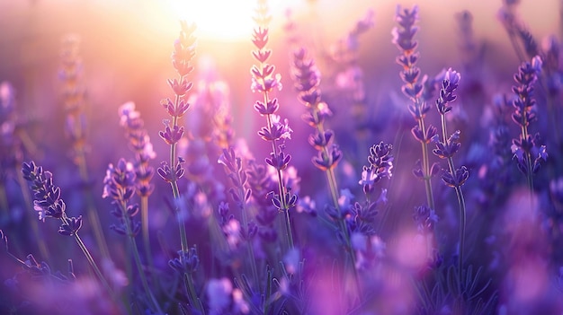 A lavender field bathed in the soft focus glow of sunset