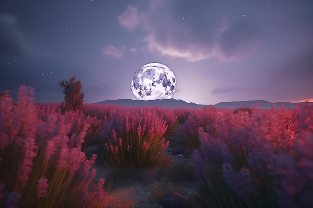 満月の夜のラベンダー畑