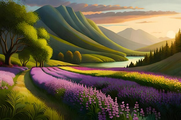 Lavender field in the mountains at sunset