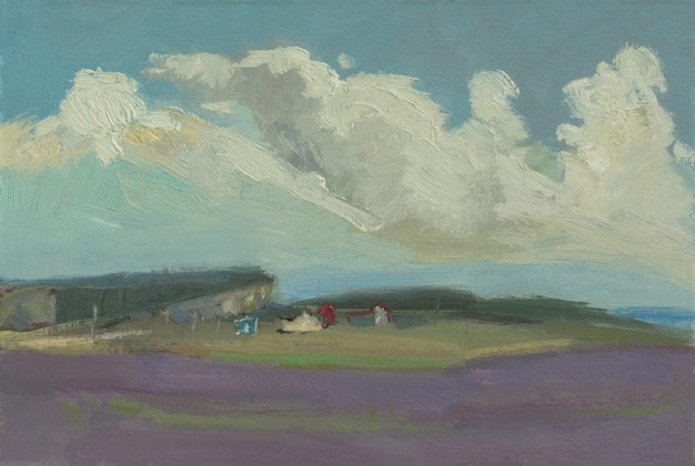 Foto pittura a olio di un campo di lavanda bella illustrazione di un campo viola nuvole del paesaggio estivo