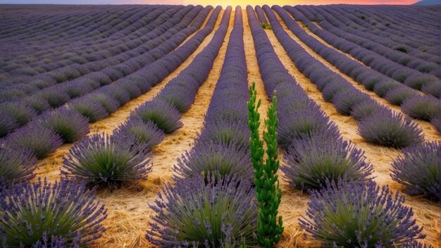 Photo lavender field rows in soft twilight