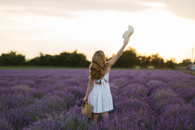 Campo di lavanda ritratto di ragazza sexy in cappello di paglia provenza francia una ragazza in abito bianco a piedi attraverso i campi di lavanda al tramonto