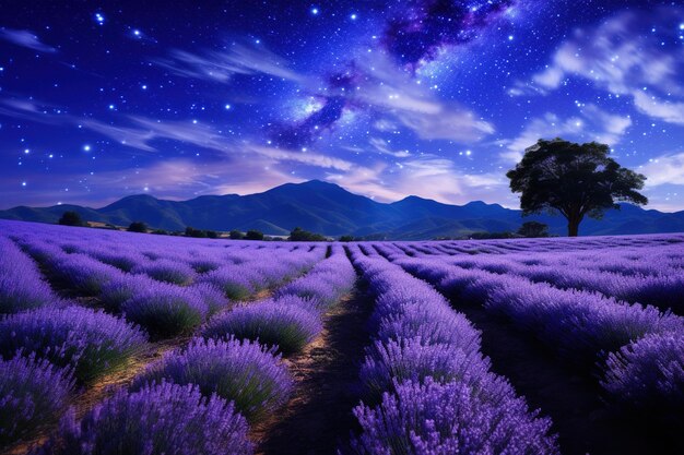 Lavender field under starlit night sky in full bloom