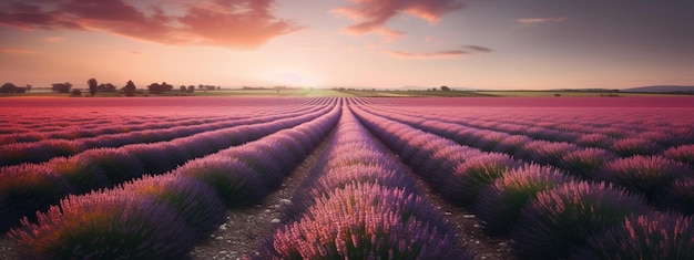 Lavender field sunset and lines Generative AI