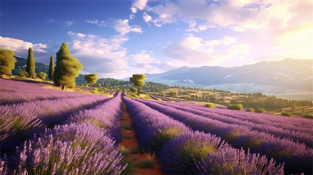 Lavender field at sunset Nature composition 3d render