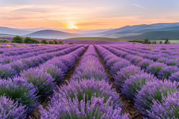 Lavender Field at Sunset Purple Flowers Landscape Morning Lavender Fields Copy Space