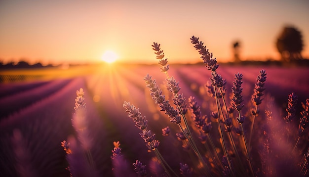 Photo lavender field in sunset sunlight generative ai