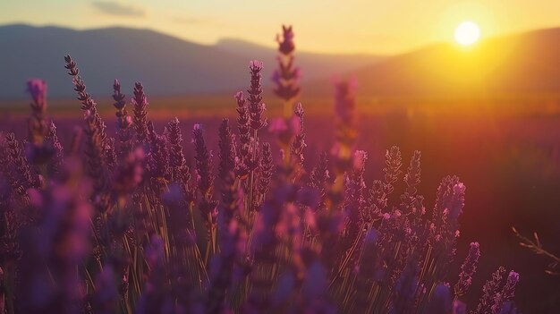 Lavender field at sunset with a beautiful warm light The sun is setting behind the hills casting a golden glow over the lavender