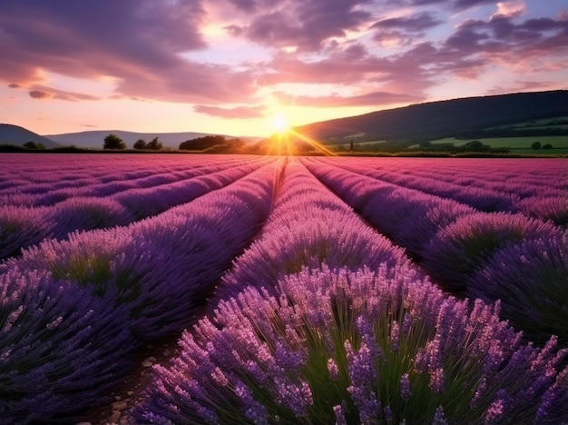 a lavender field at sunset