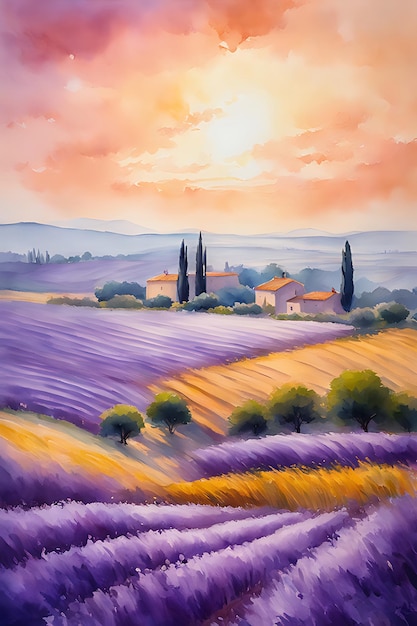 Lavender field Watercolorstyle painting Thick impasto painting