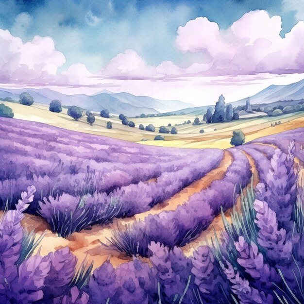 Lavender field with a dirt road and a mountain in the distance generative ai