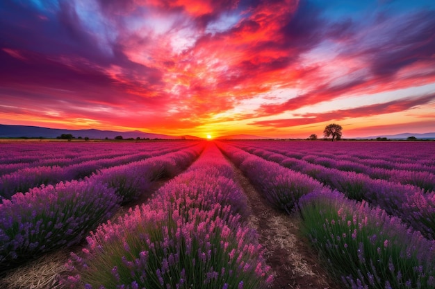 Lavender field with dramatic sunset the sky bursting into color created with generative ai