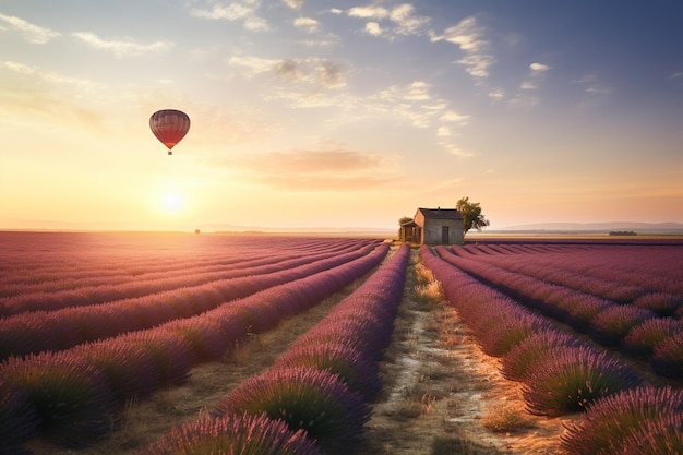 A lavender field with a hot air balloon flying over it.