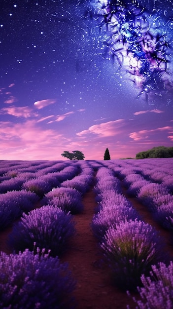 Lavender field with a lone tree and a star filled sky generative ai