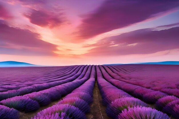 Lavender field with lonely tree at sunset in Provence