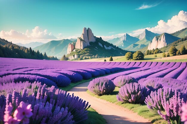 A lavender field with mountains in the background