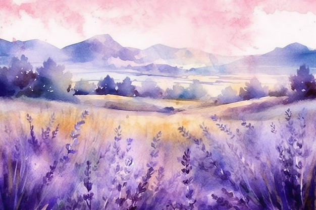 lavender field with mountains in the distance generative ai