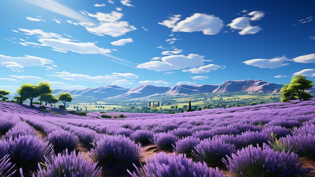 Lavender field with mountains and trees in the background generative ai