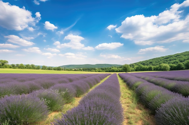 Lavender field with rolling hills and a blue sky created with generative ai