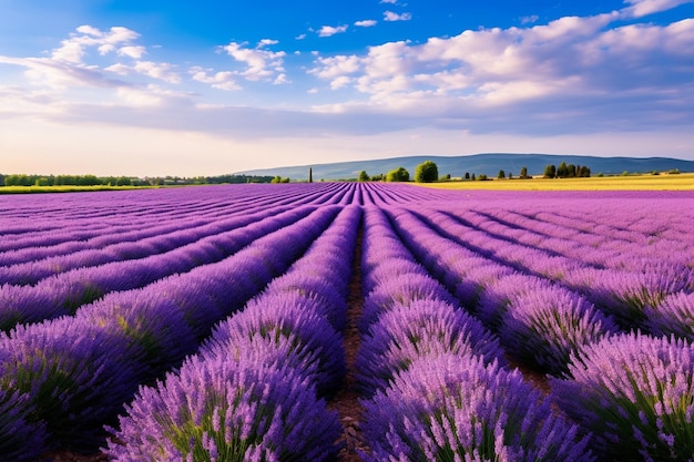 Lavender field with rows of lavender flowers in the foreground generative ai