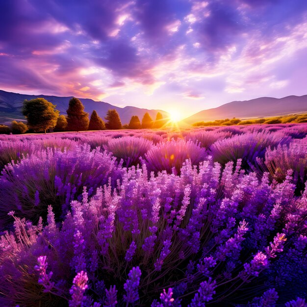 Lavender field with sun setting in the background generative ai