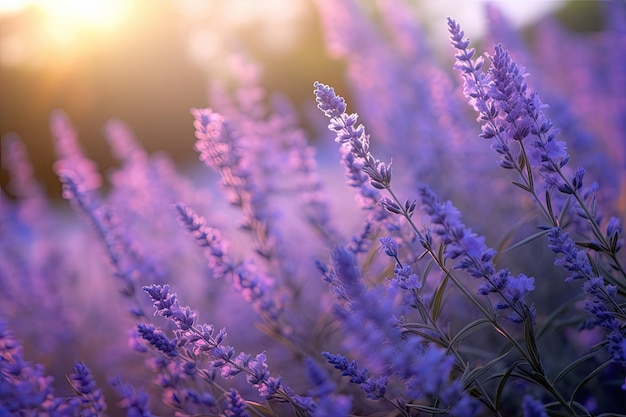 紫色の花を通して太陽が輝くラベンダー畑