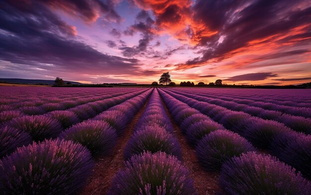 Lavender field with a sunset in the background generative ai