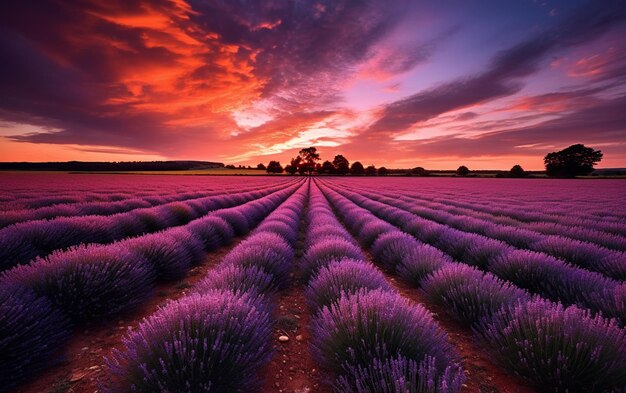 Lavender field with a sunset in the background generative ai