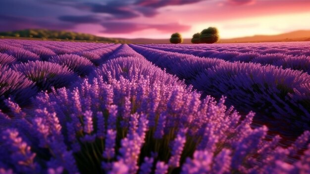 A lavender field with a sunset in the background