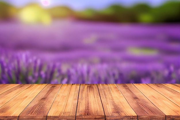 Lavender fields farm montage photo with wooden table top Summer flower concept AI Generated