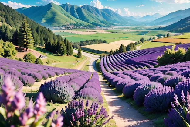 Lavender fields in france with mountains in the background