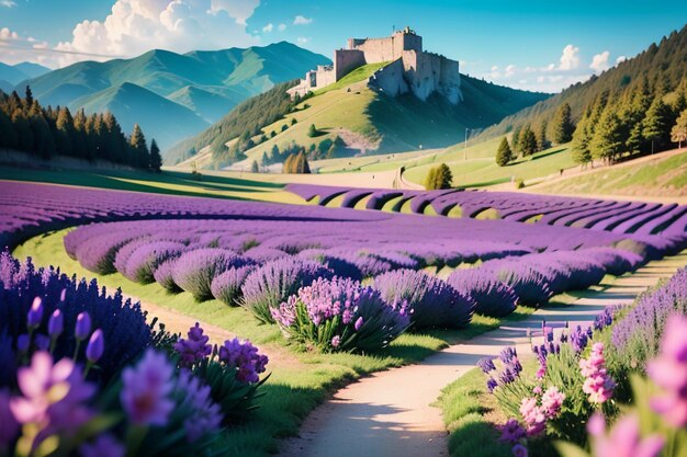 Lavender fields in the mountains with a castle in the background