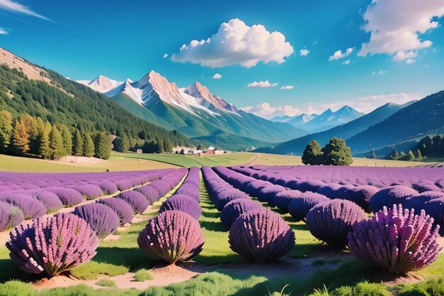 Lavender fields in the mountains with mountains in the background