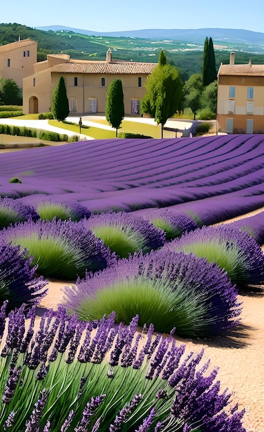 Photo lavender fields in provence, france, with a house in the background.