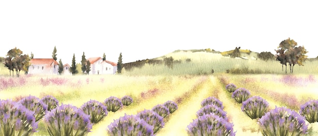 Photo lavender fields watercolor provence rural landscape with old houses trees cypresses hills hand drawn