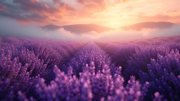 A lavender fields with a soft mist adding a touch of mystique to the scene AI generate illustration