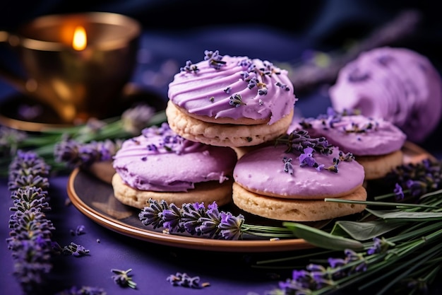Lavender flavored cupcakes adorned with delicate lavender petals Generative Ai