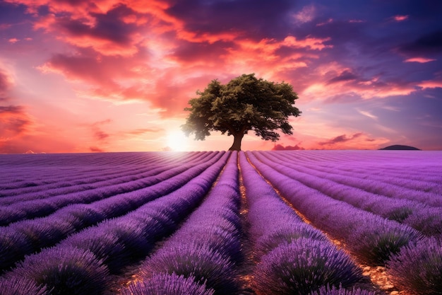 Lavender flower field with lonely tree at sunset provence france stunning lavender field landscape at summer sunset with a single tree ai generated